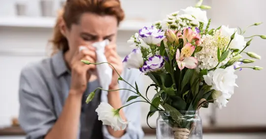 Sneezing in front of flowers