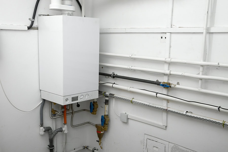 Corner of a room with white boiler and connectors Boiler and pipes of the he. How Does My Gas Furnace Work?ating system of a house.